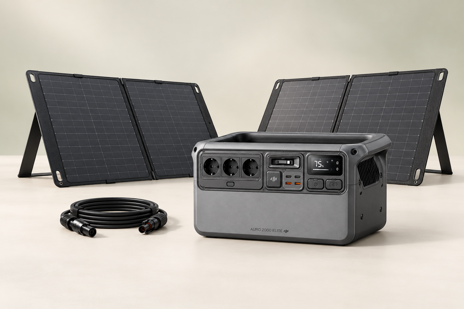 Geplantes Solar-Mietset mit Powerstation, zwei Paneelen und Kabel